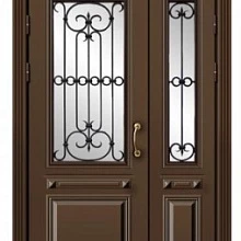 Металлическая дверь в подъезд остелкнная коричневого цвета МДП-534